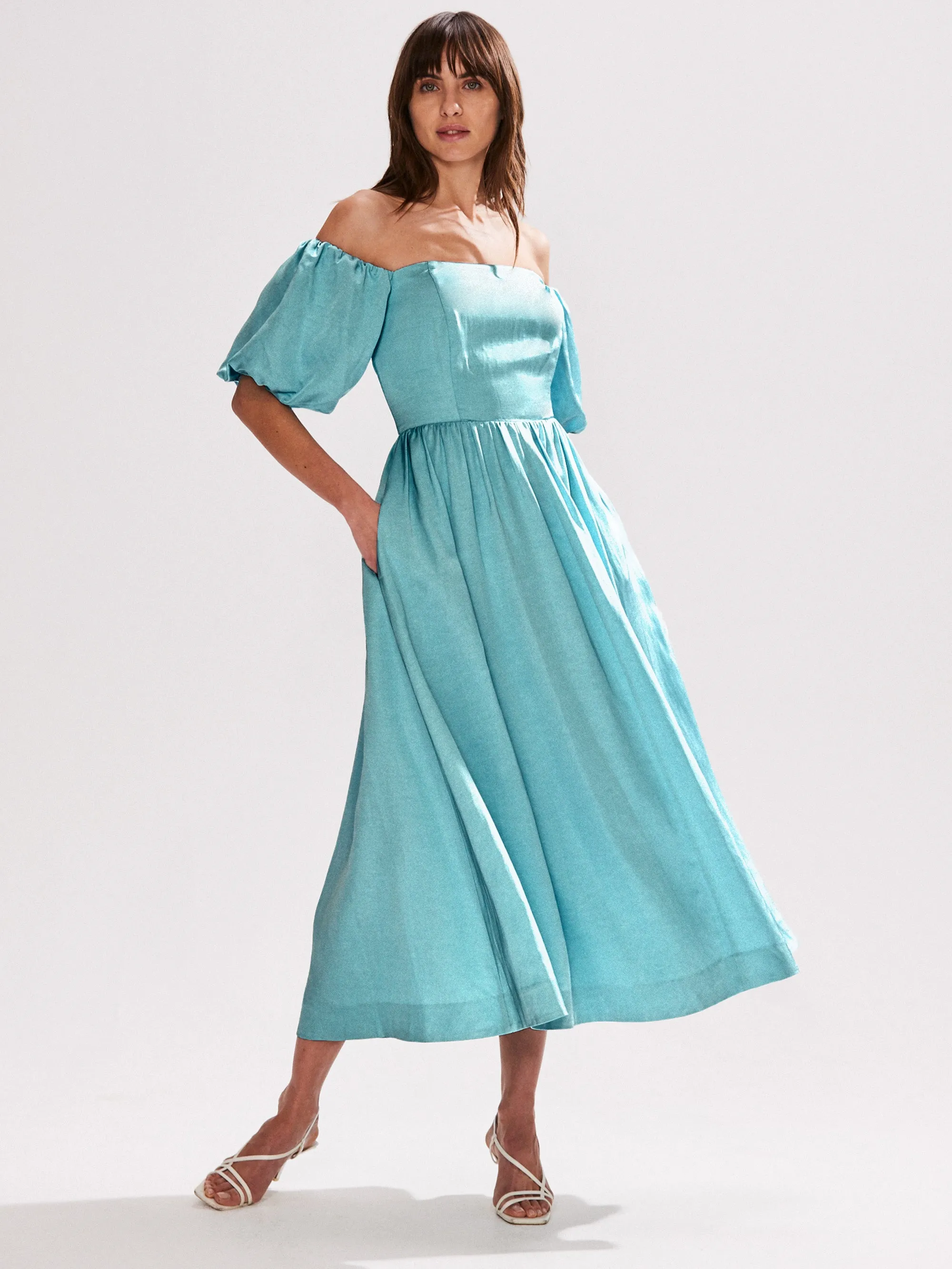 Alba Blue Bardot Puff Sleeve Maxi Dress