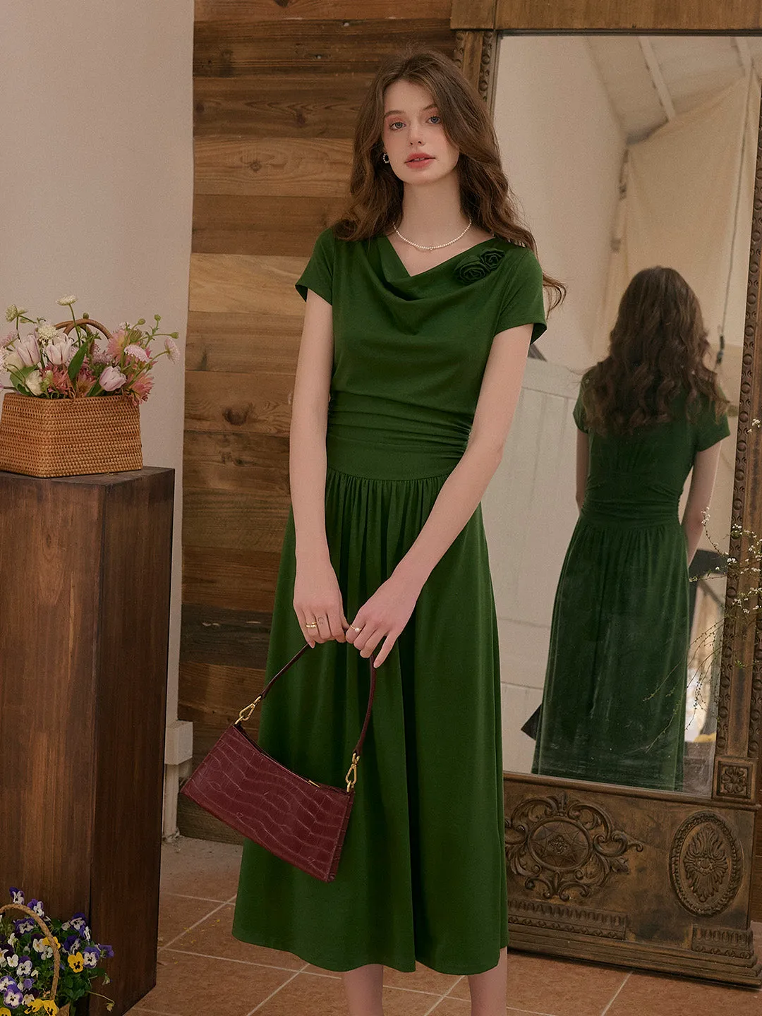 Bella Cowl Neck 3D Rose Dress