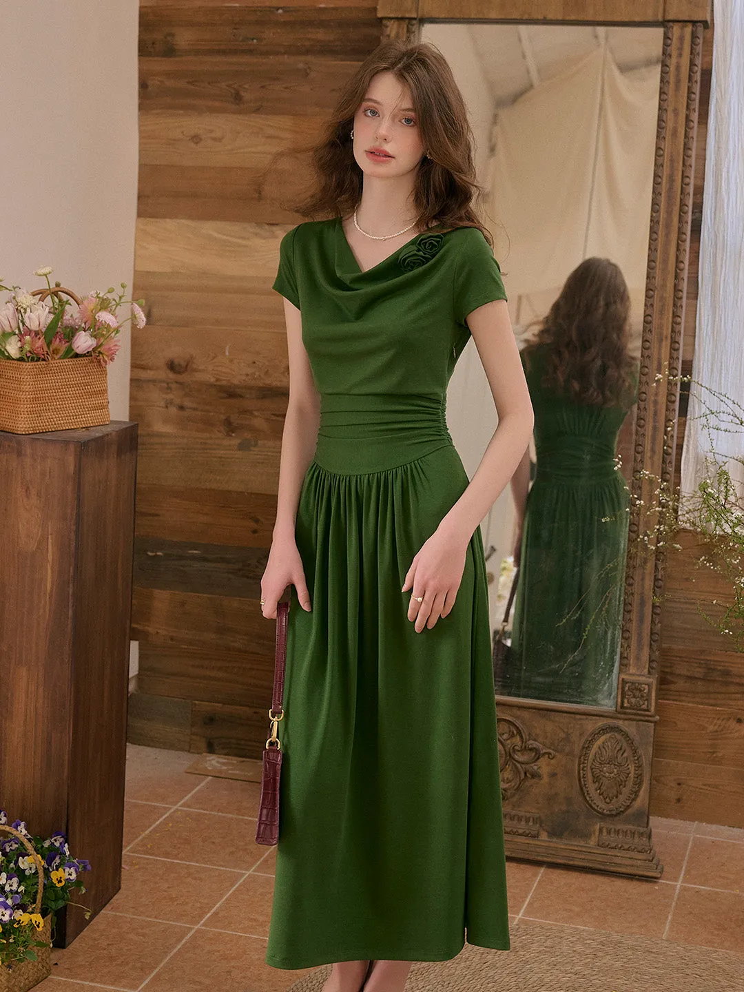 Bella Cowl Neck 3D Rose Dress