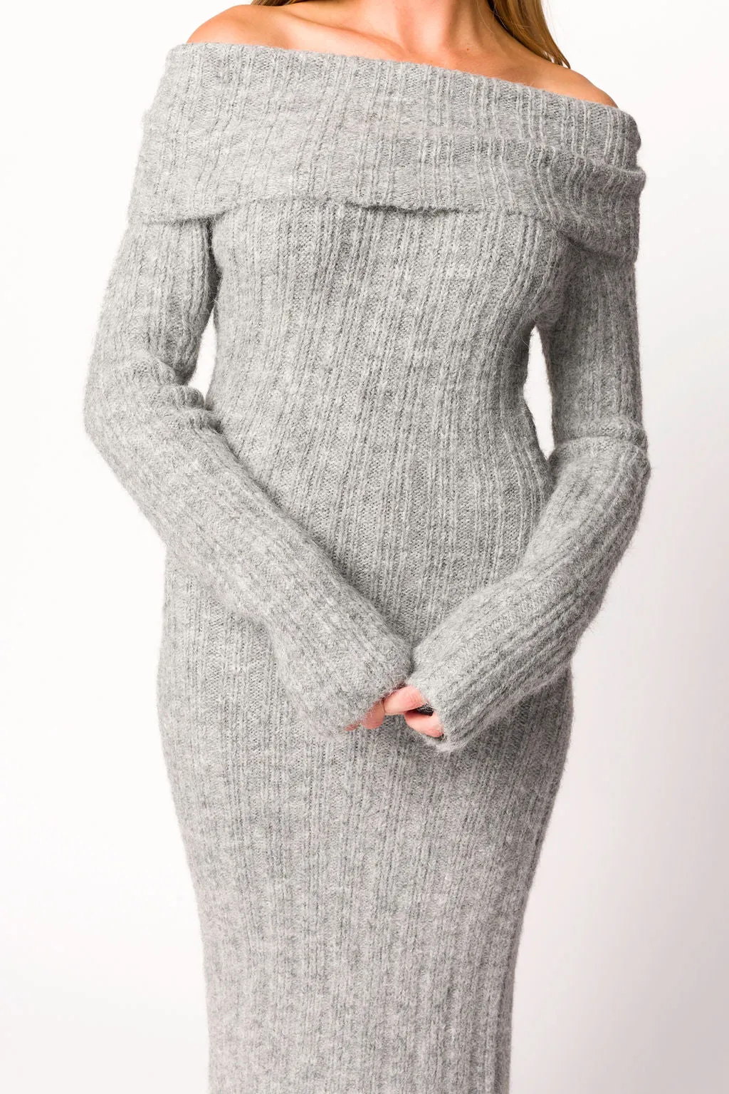 Beth Off-the-Shoulder Sweater Midi Dress in Heather Grey