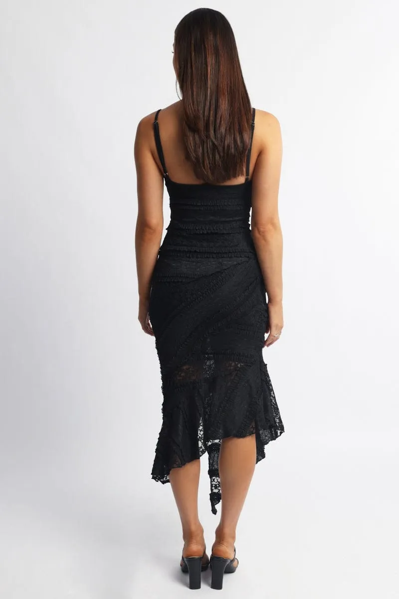 Black Midi Dress Asymmetric Hem Lace