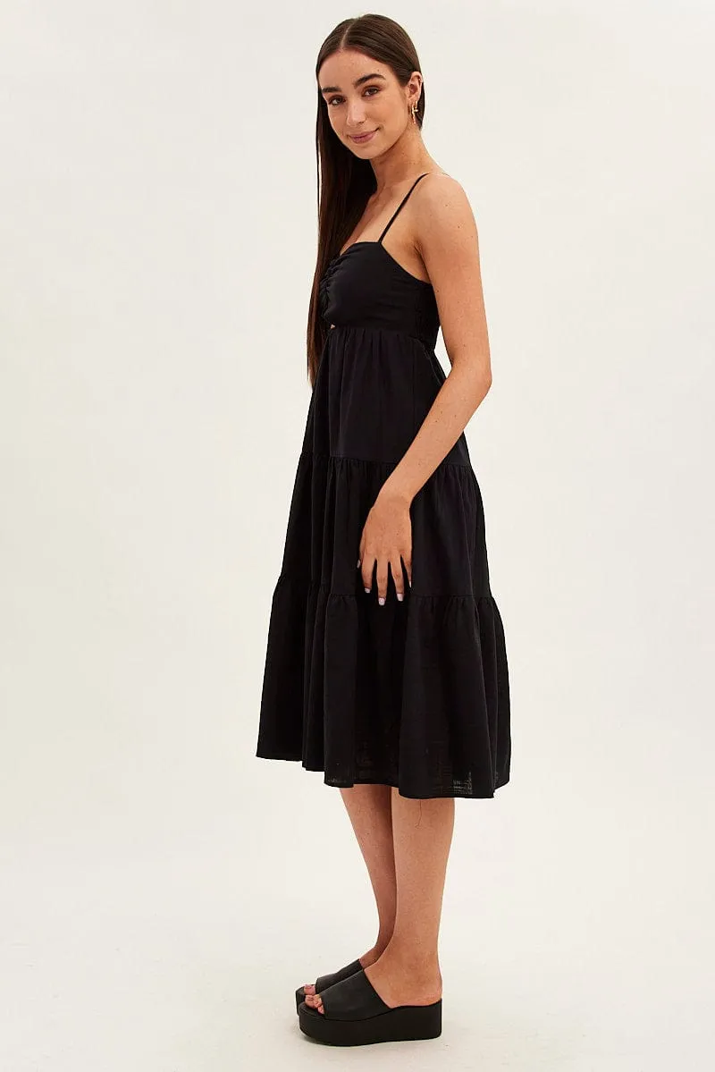 Black Midi Dress Sleeveless Ruched Tiered
