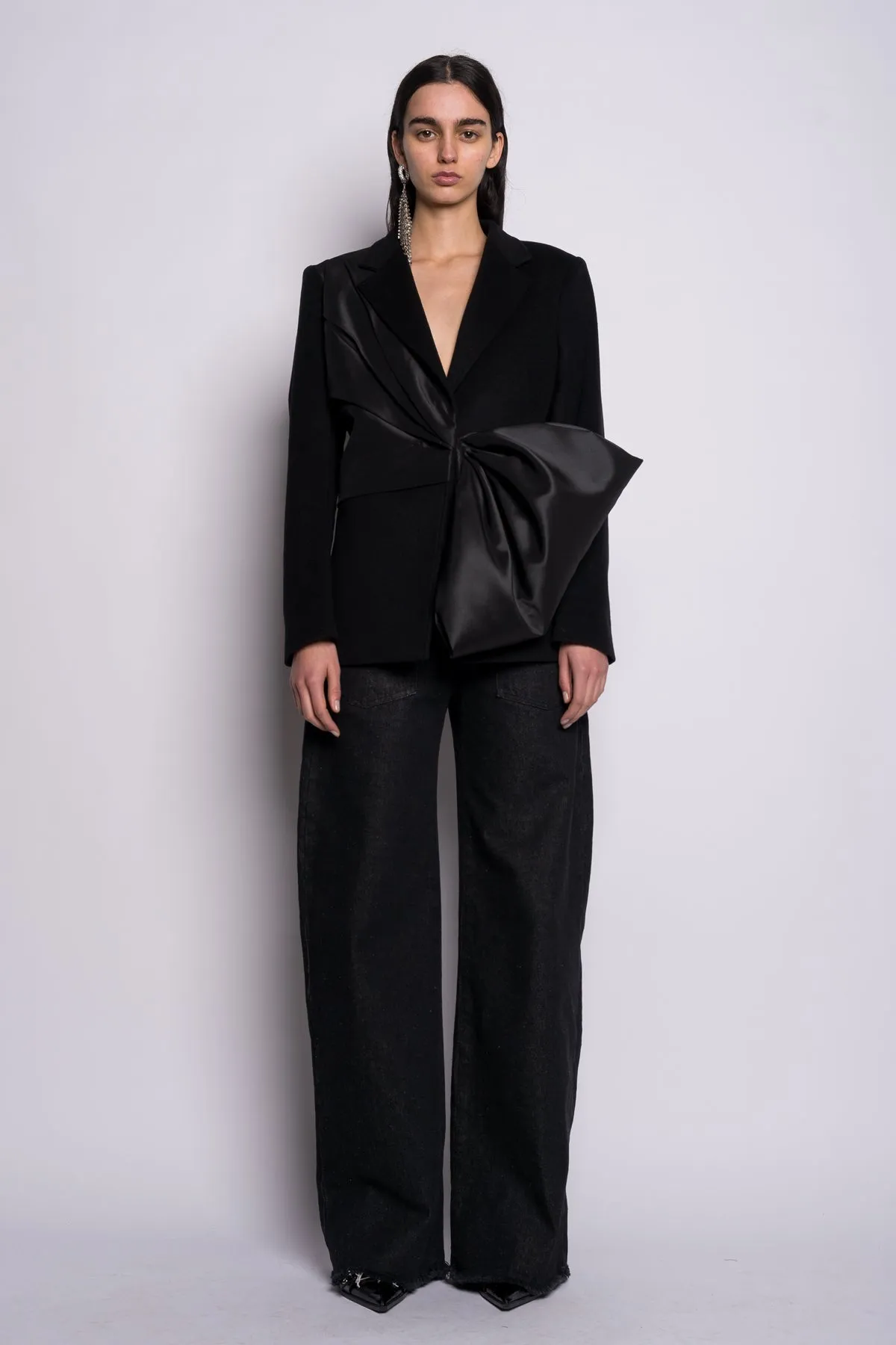 BLACK OVERCOAT WITH SATIN BOW
