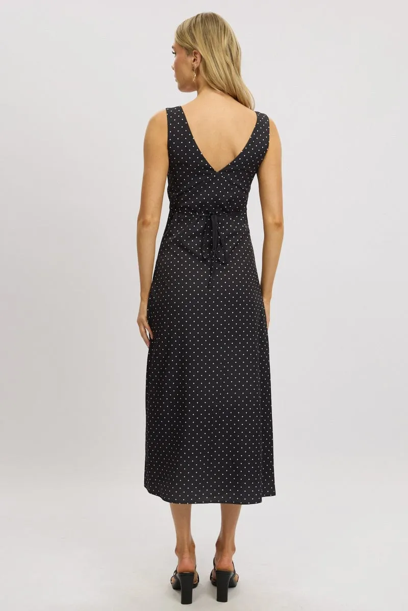 Black Polka Dot Maxi Dress V-neck