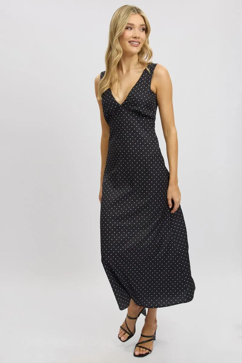 Black Polka Dot Maxi Dress V-neck