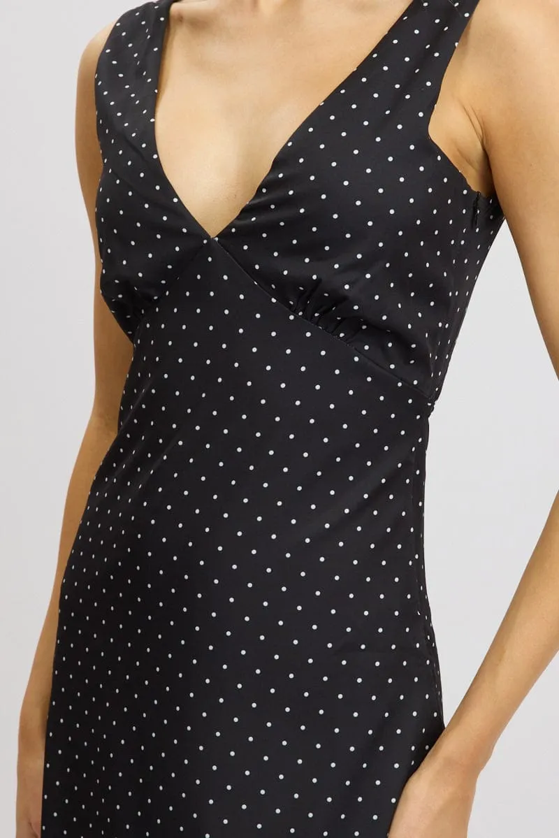 Black Polka Dot Maxi Dress V-neck