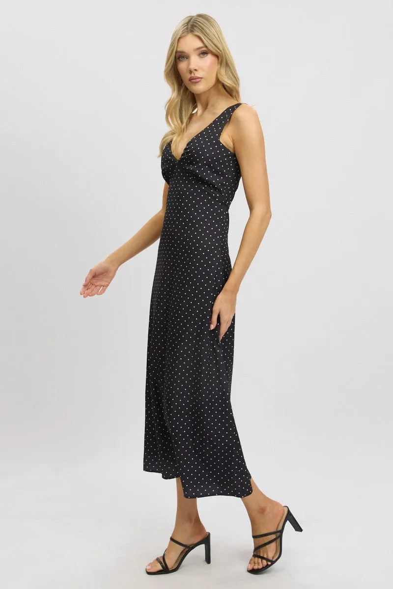 Black Polka Dot Maxi Dress V-neck