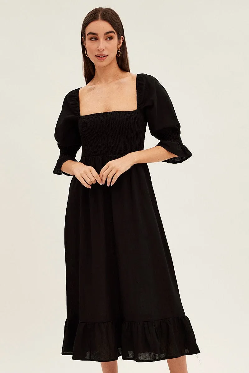 Black Puff Sleeve Shirred Tiered Midi Dress