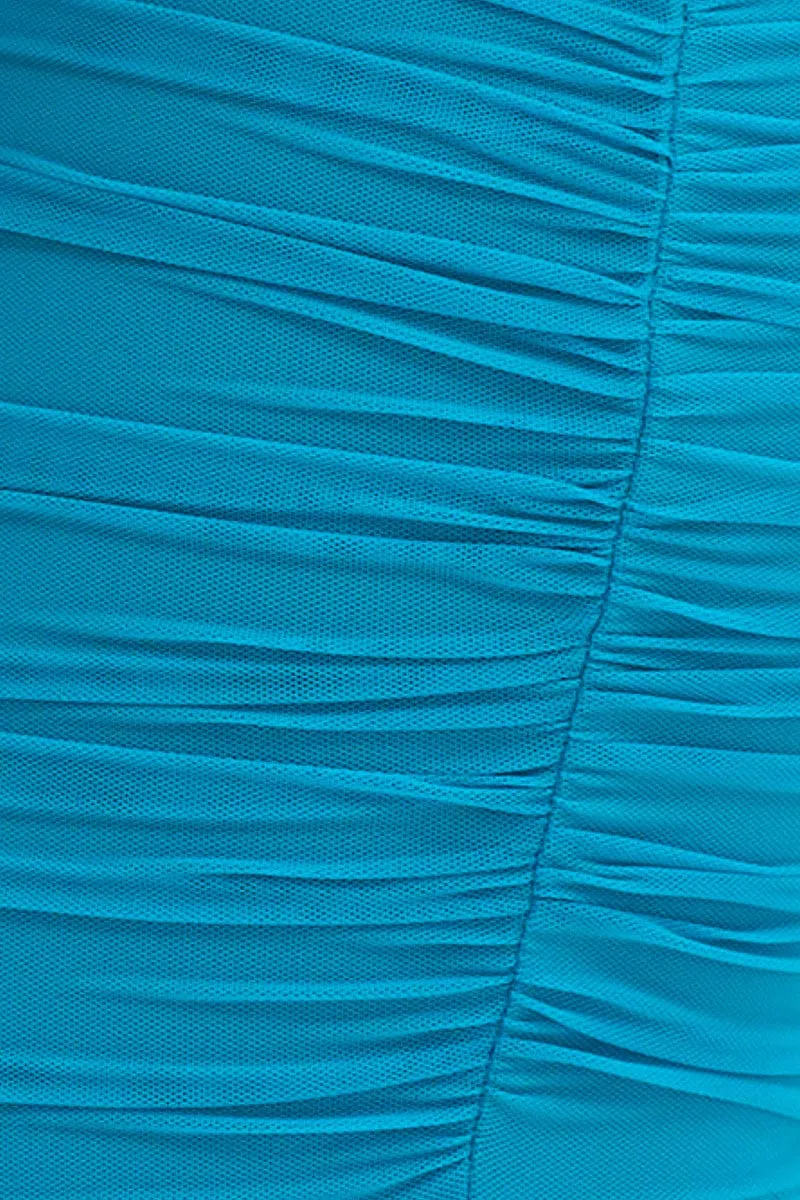 Blue Bodycon Dress Mesh Ruched Deep V Neck
