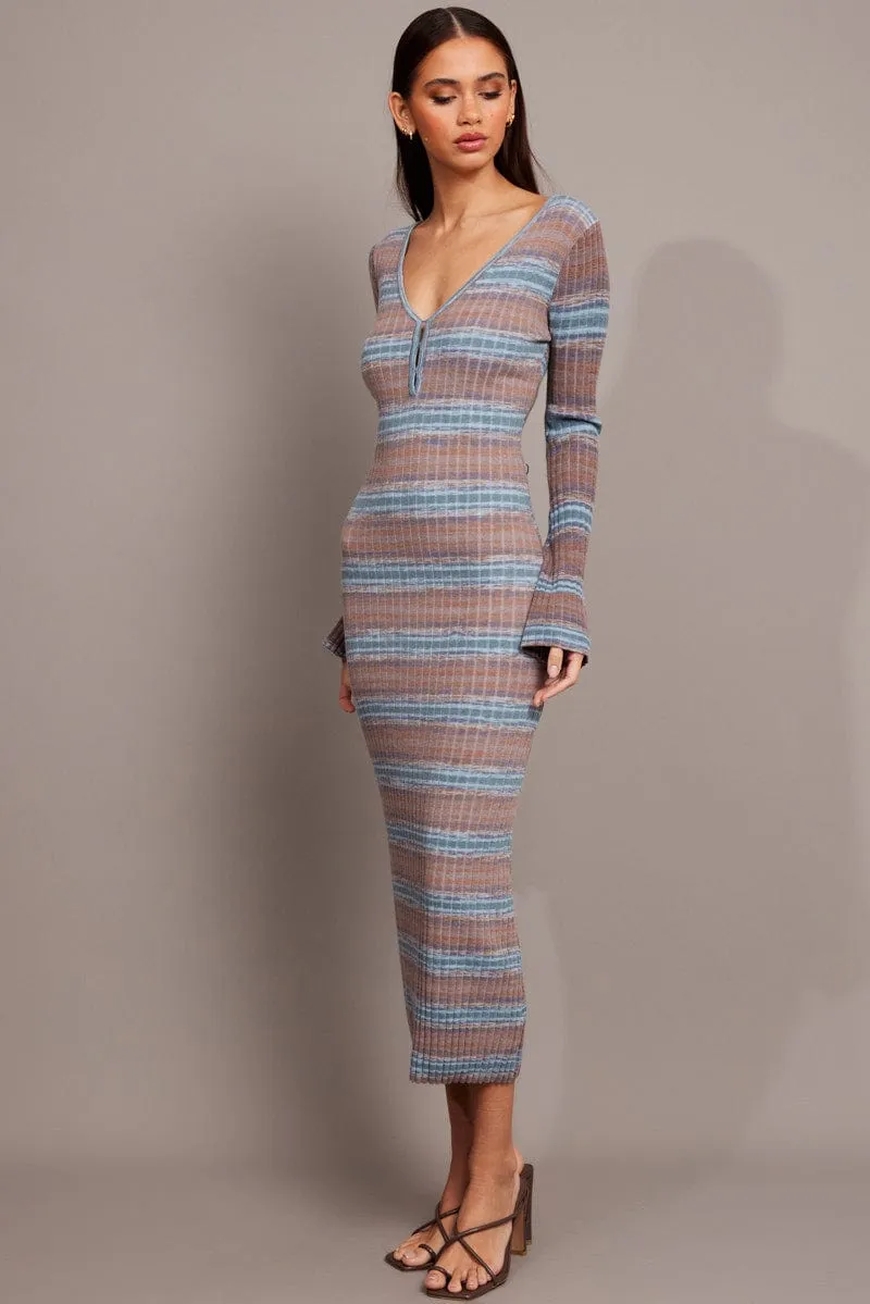 Blue Stripe Knit Dress Long Sleeve