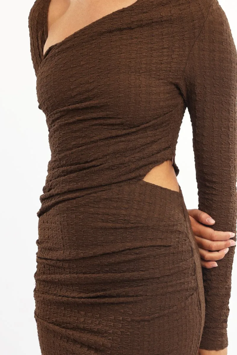 Brown Bodycon Dress Textured Midi