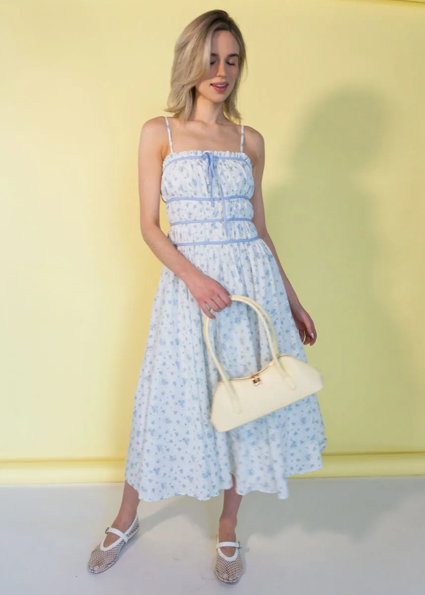 Camila Floral Ruched Babydoll Midi Dress - Blue