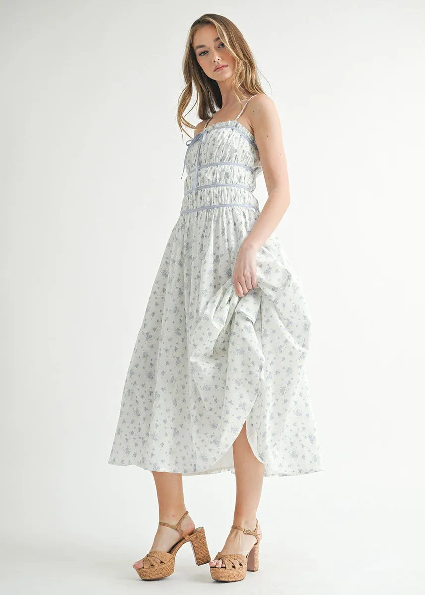 Camila Floral Ruched Babydoll Midi Dress - Blue