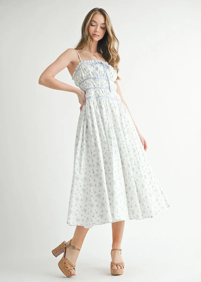 Camila Floral Ruched Babydoll Midi Dress - Blue