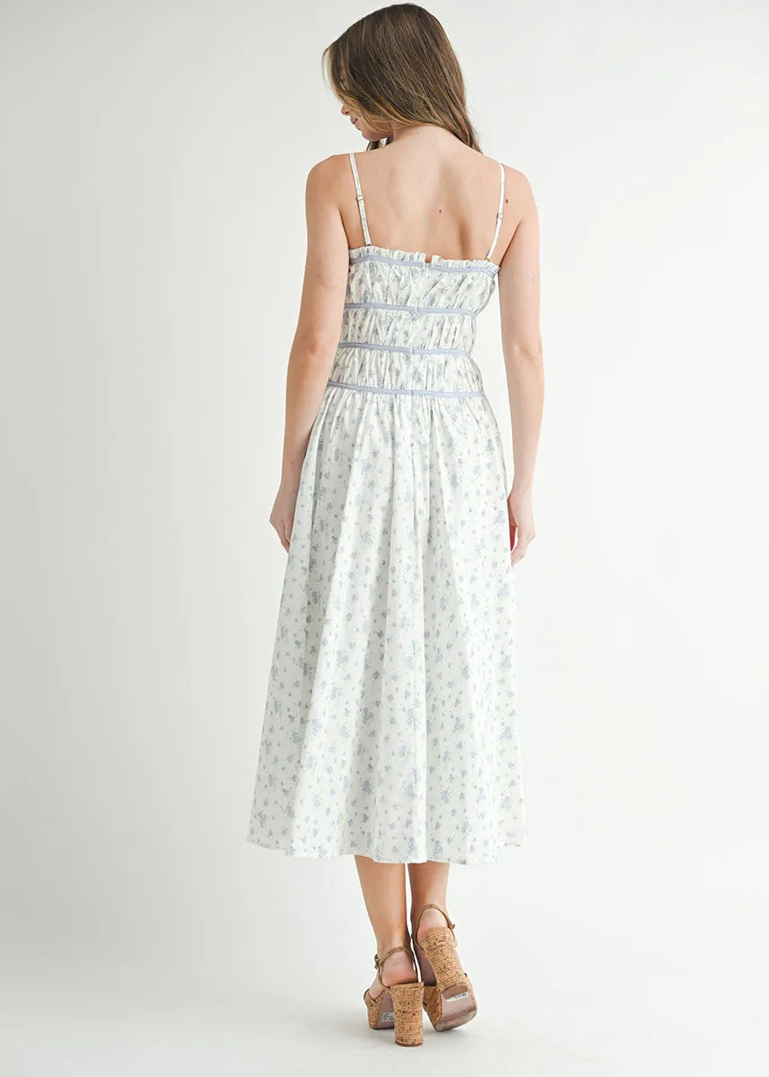 Camila Floral Ruched Babydoll Midi Dress - Blue