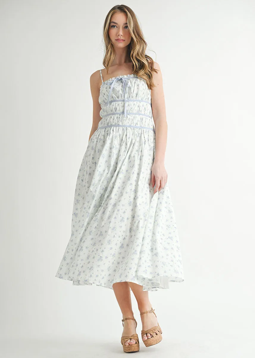 Camila Floral Ruched Babydoll Midi Dress - Blue