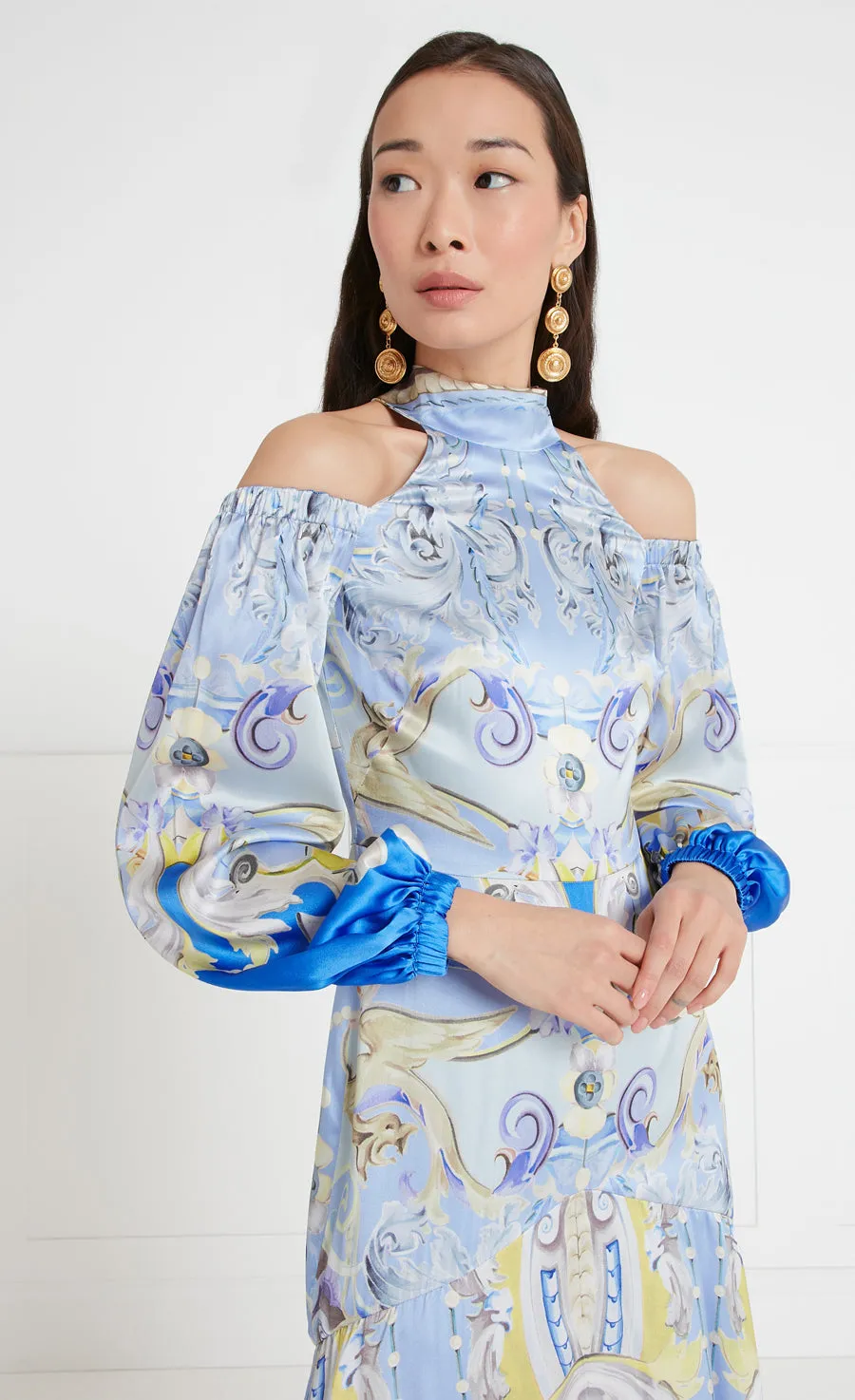 Carline Print Cold Shoulder Dress - Vista Blue