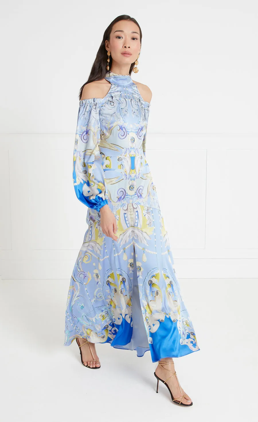 Carline Print Cold Shoulder Dress - Vista Blue