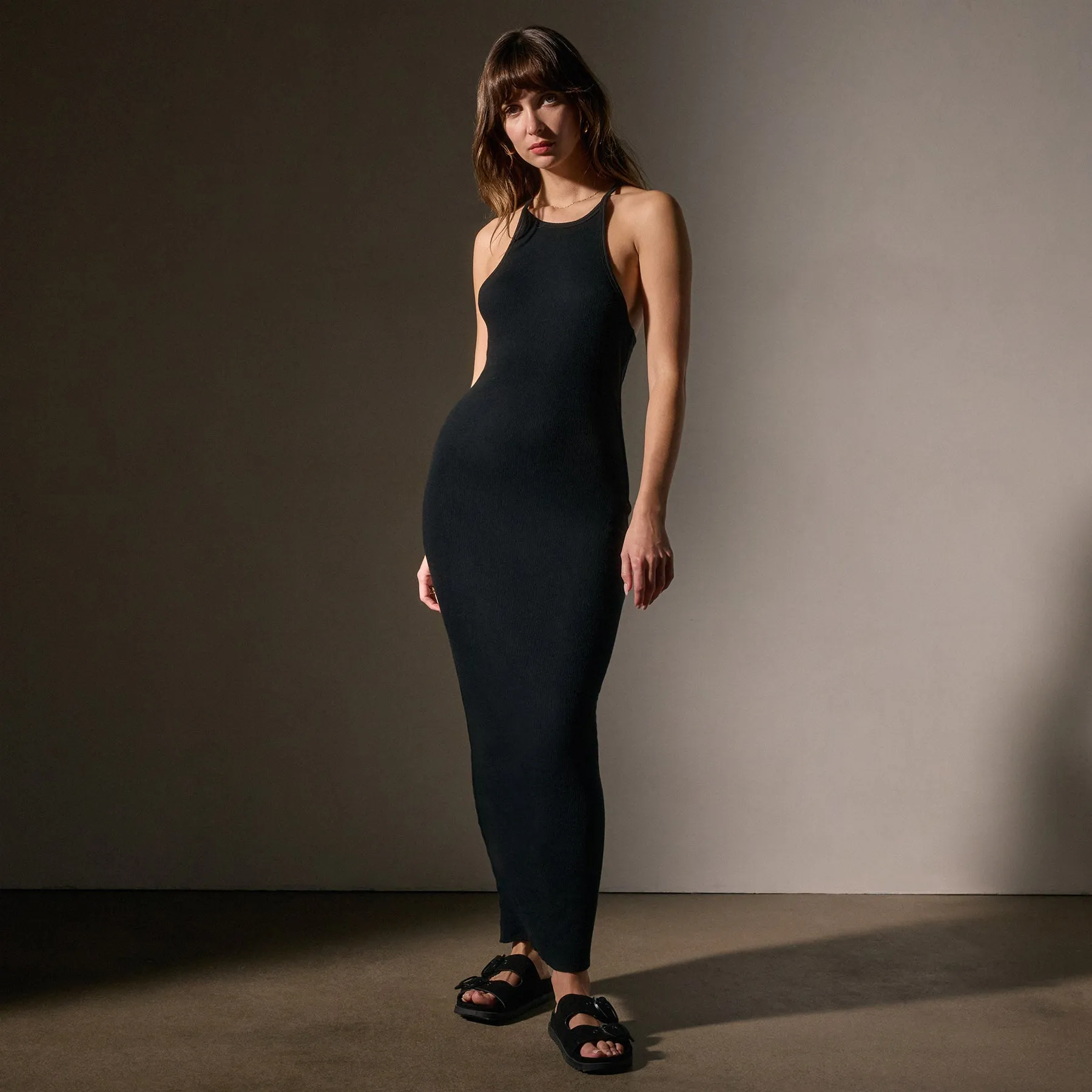 Cotton Cashmere Ribbed Racer Back Tank Dress - Black