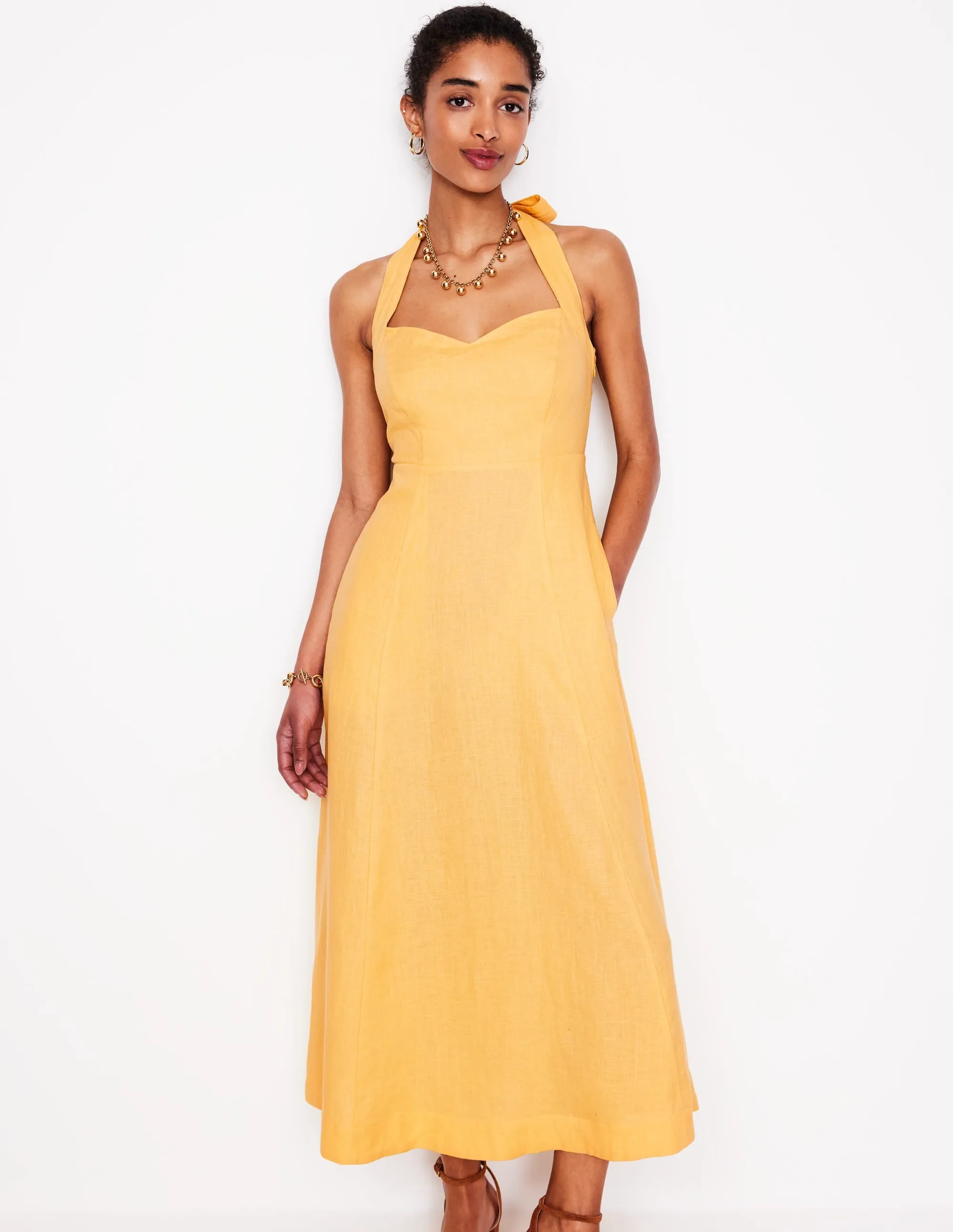 Halter Linen Dress-Buttermilk Yellow