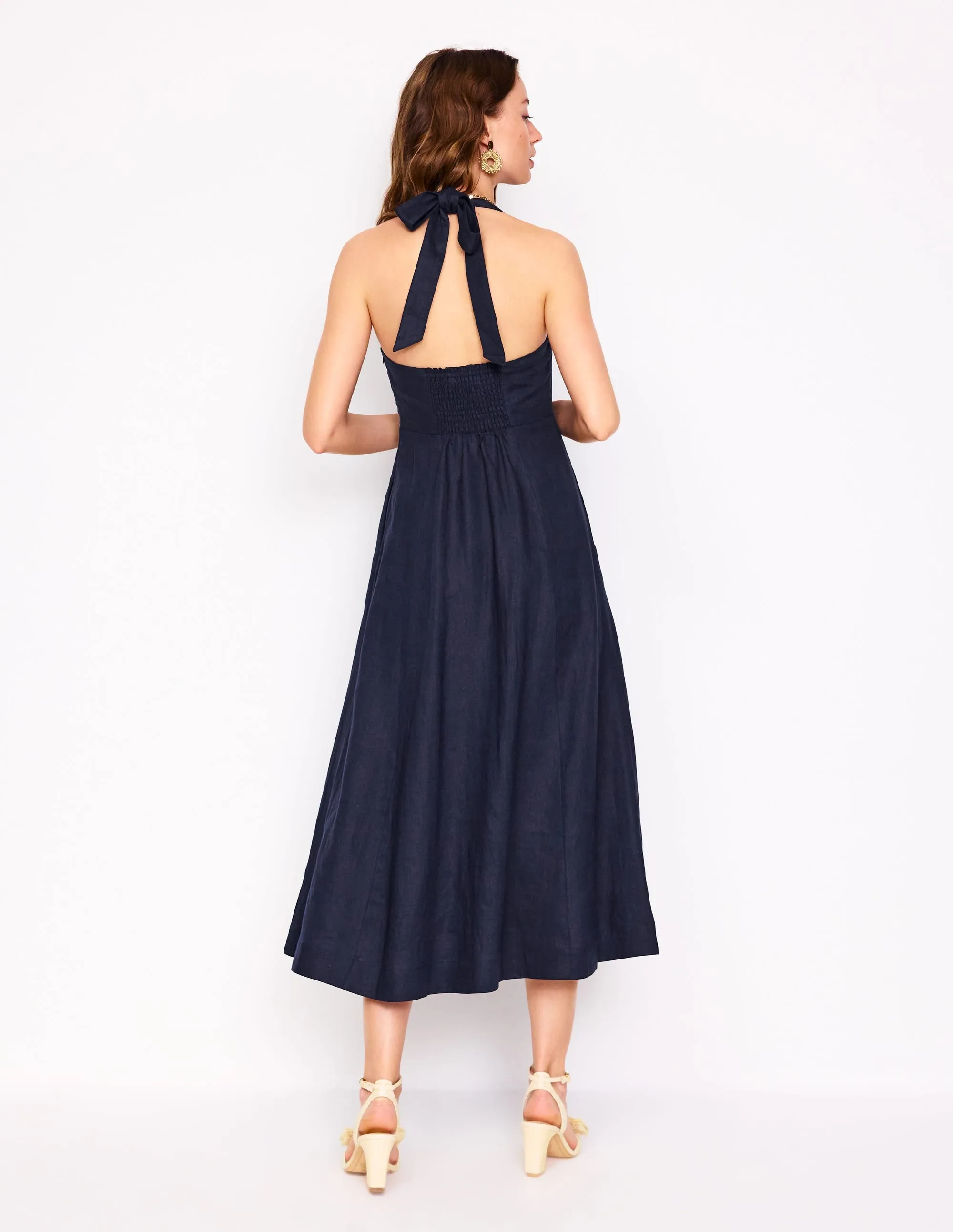 Halter Linen Dress-Navy