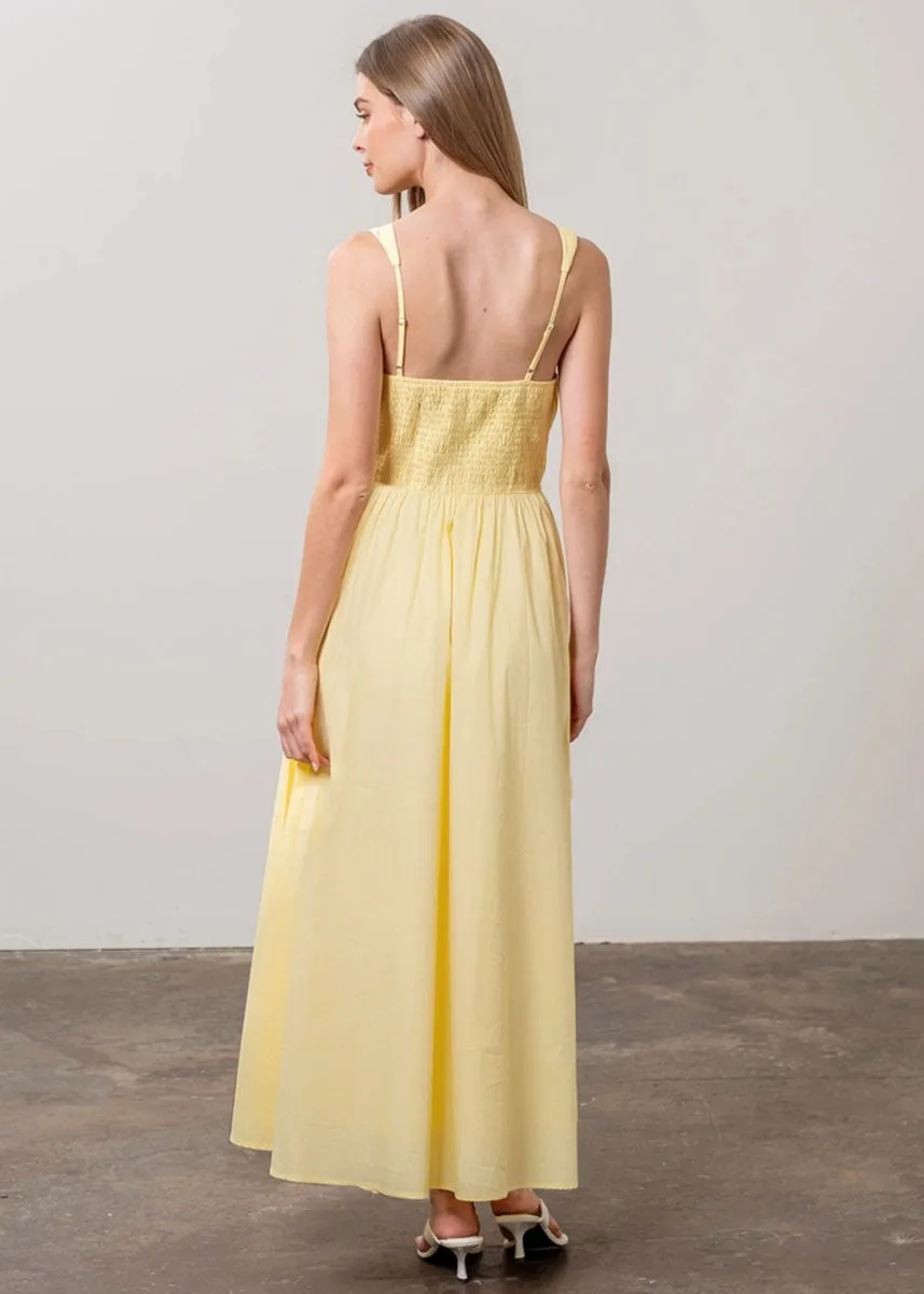 Honey V-Neck Pleated Midi Dress - Light Yellow