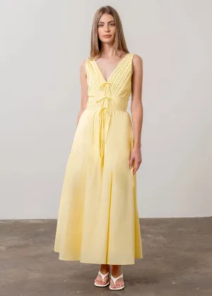 Honey V-Neck Pleated Midi Dress - Light Yellow