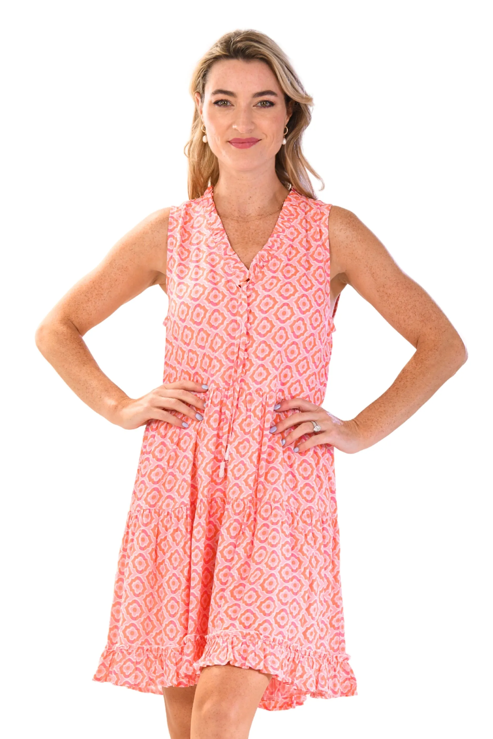 Kaia Dress Short / Orange & Pink Tiles