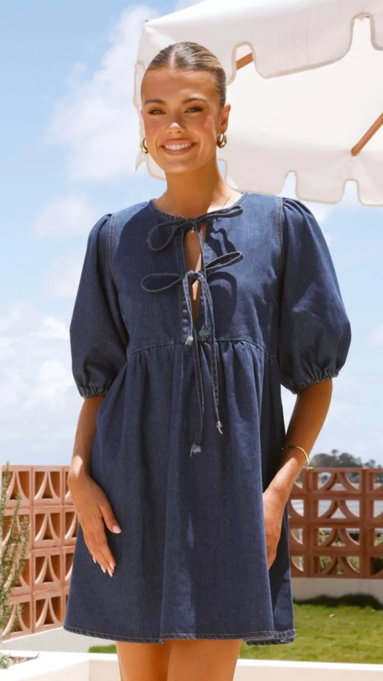 Kassie Tie Up Mini Dress - Dark Denim