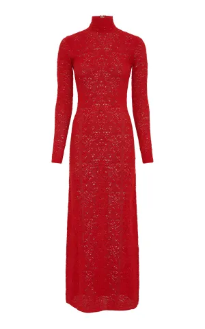 Lethe Pointelle Knit Maxi Dress in Scarlet Red Virgin Wool Silk