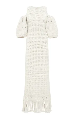 Levana Fringe Crochet Maxi Dress in Ivory Cashmere