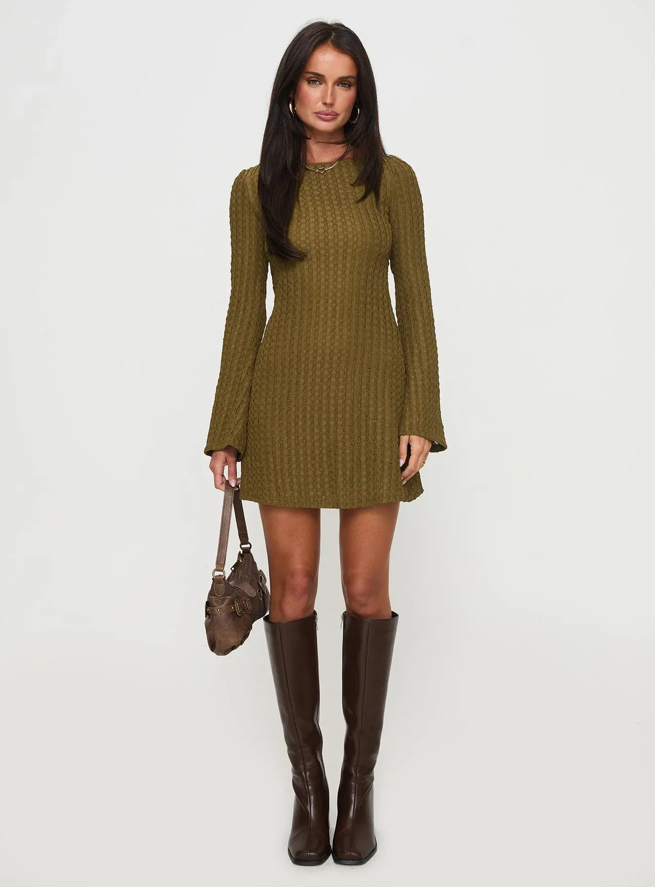 Lukea Long Sleeve Mini Dress Olive Ribbed