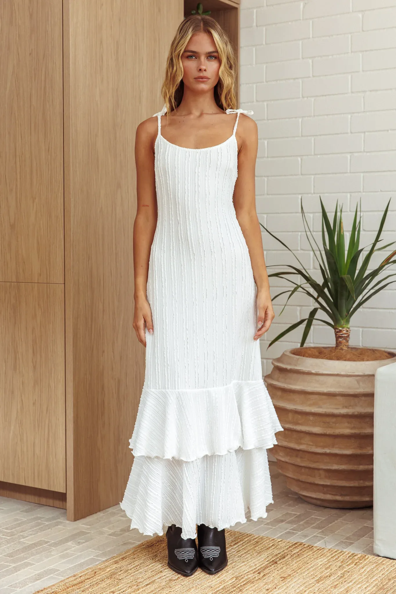 Manhattan Summer Tied Shoulder Ruffle Maxi Dress White
