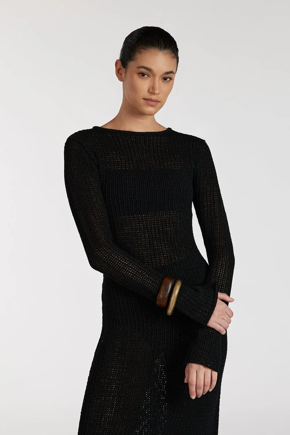 MARGOT BLACK CREW NECK MIDI DRESS