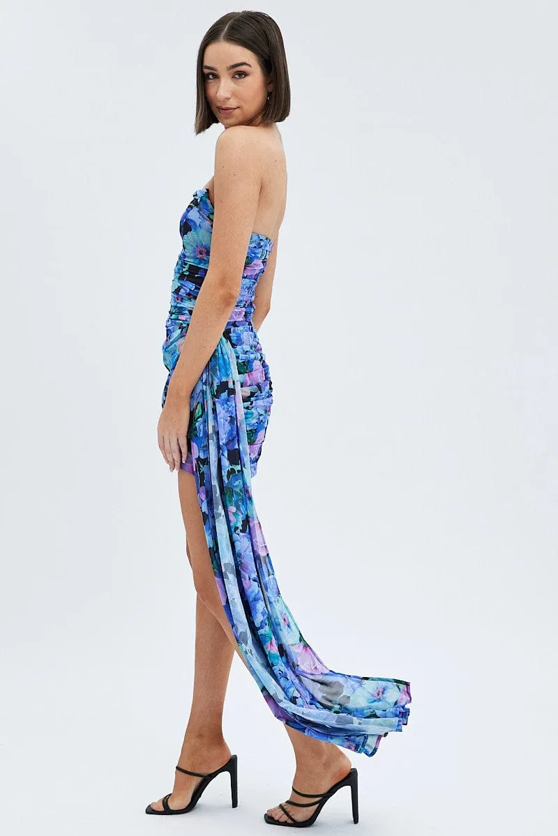 Multi Floral Sash Dress Bandeau Chiffon Draped Mini Dress