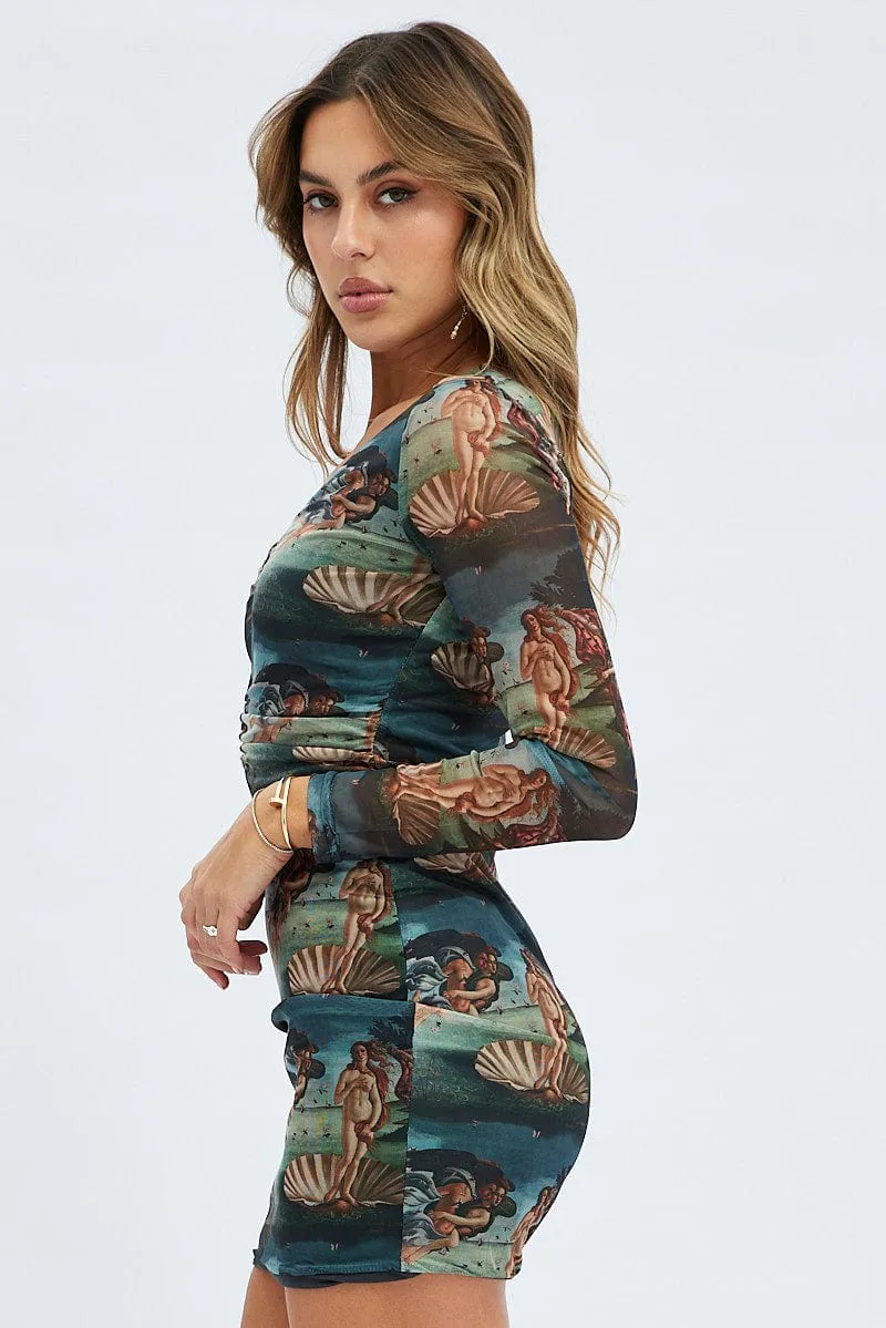 Multi Print Mini Dress Long Sleeve V-Neck Bodycon Ruched Waist