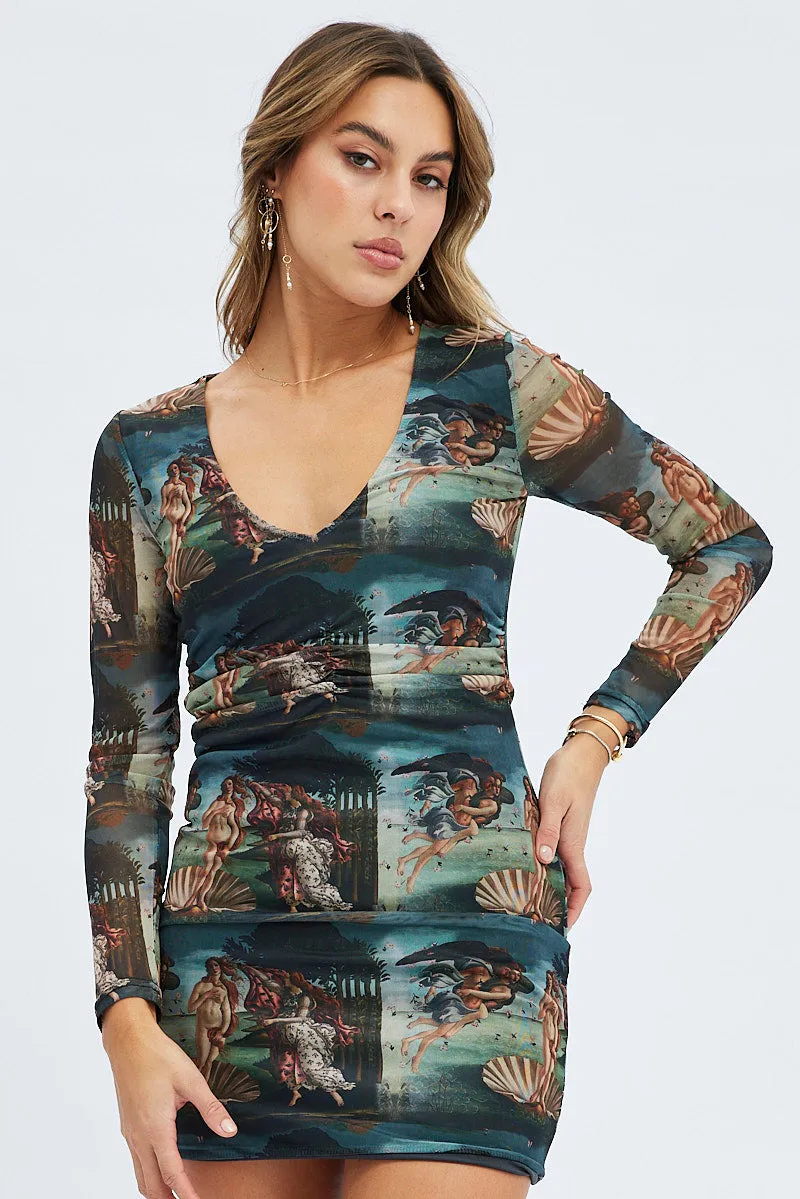 Multi Print Mini Dress Long Sleeve V-Neck Bodycon Ruched Waist