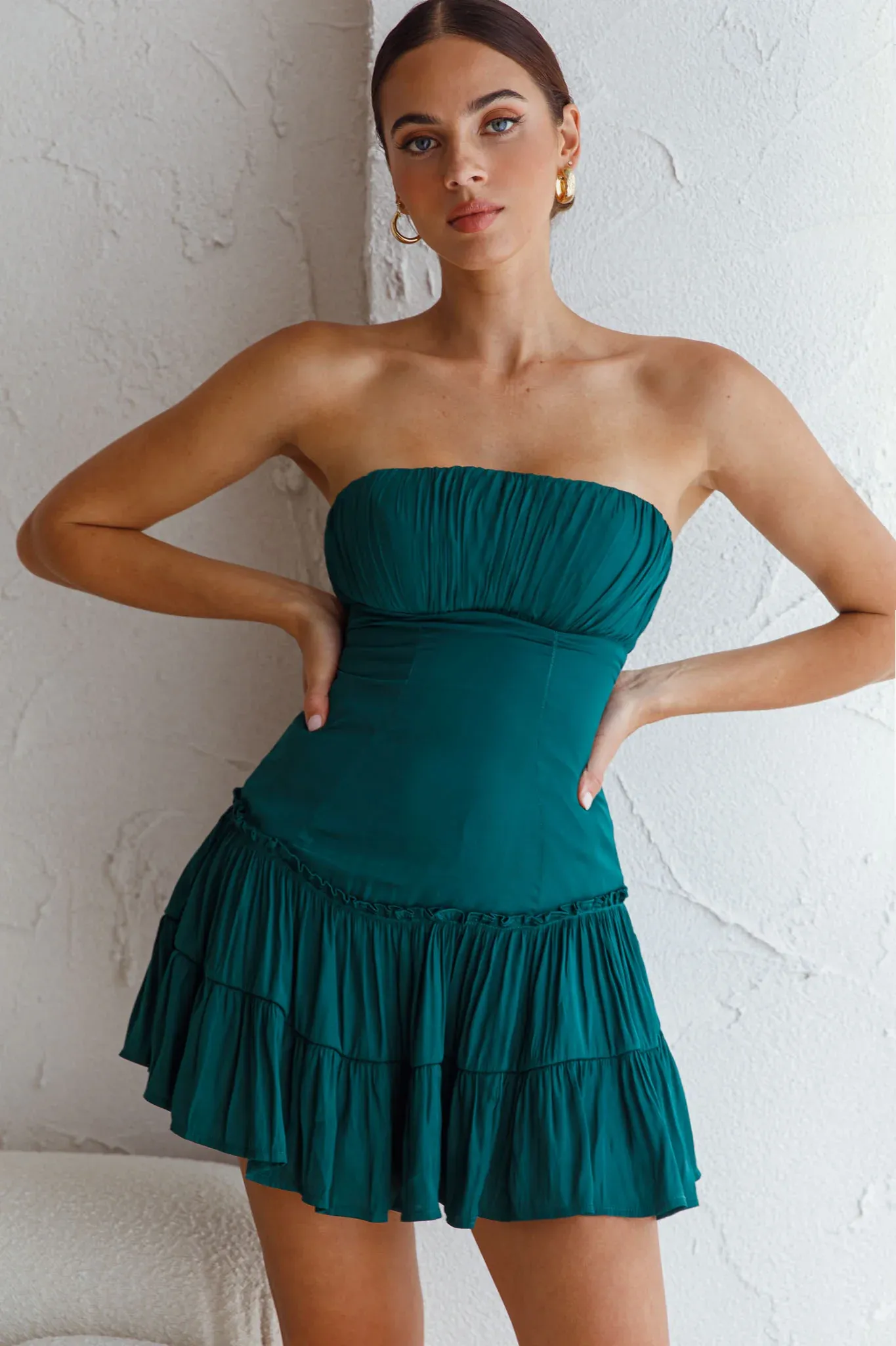 On A Whim Strapless Dropped Waist Dress Forest Green