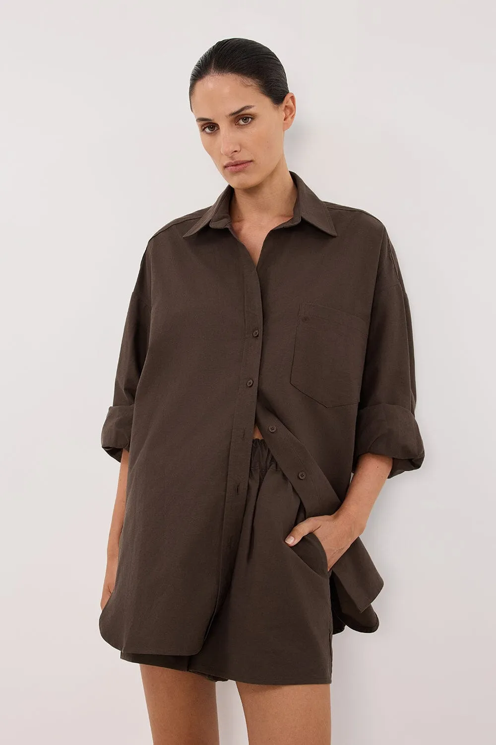 RHEA BITTER CHOC OVERSIZED COTTON SHIRT