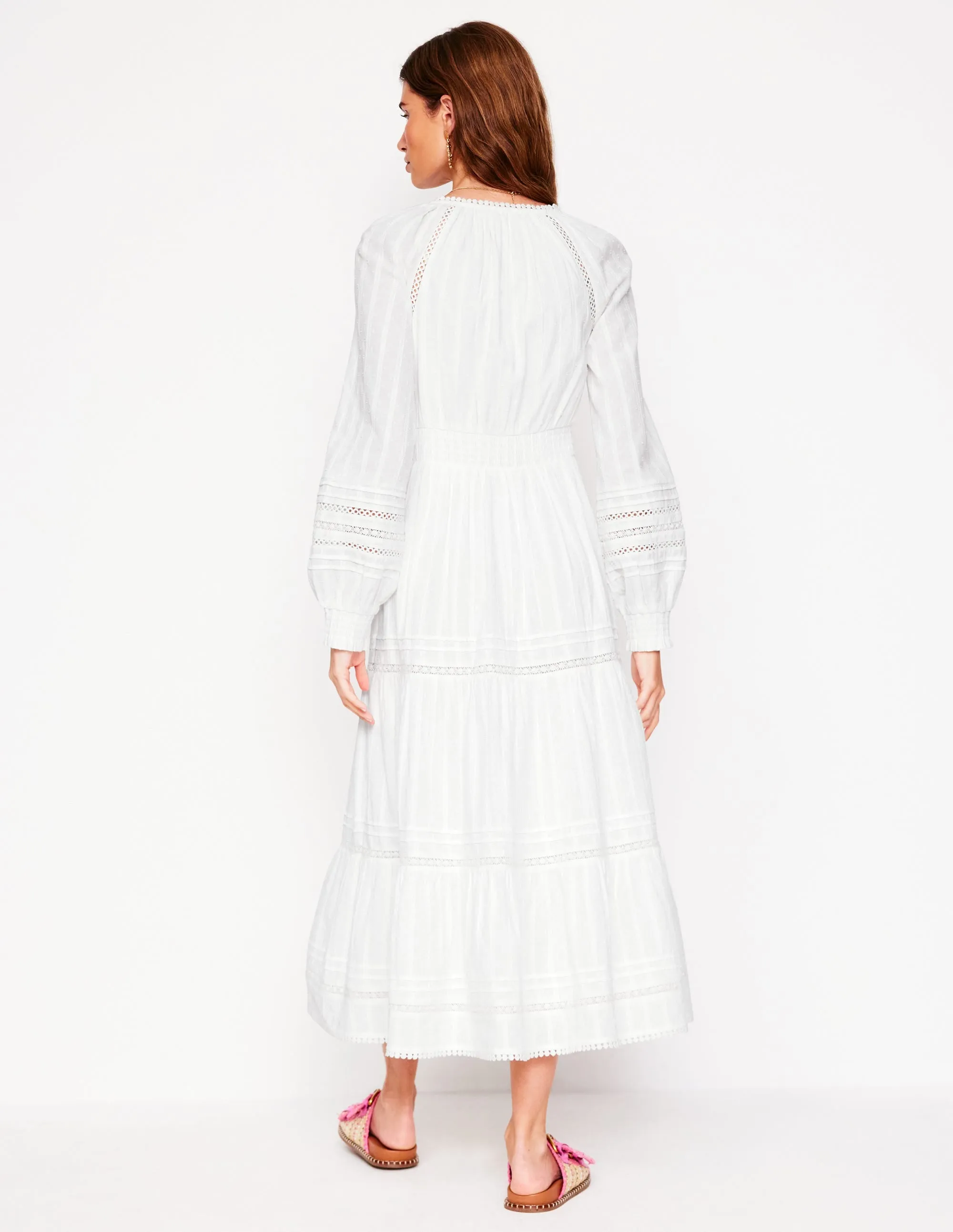 Ruffle Smocked Cotton Dress-White