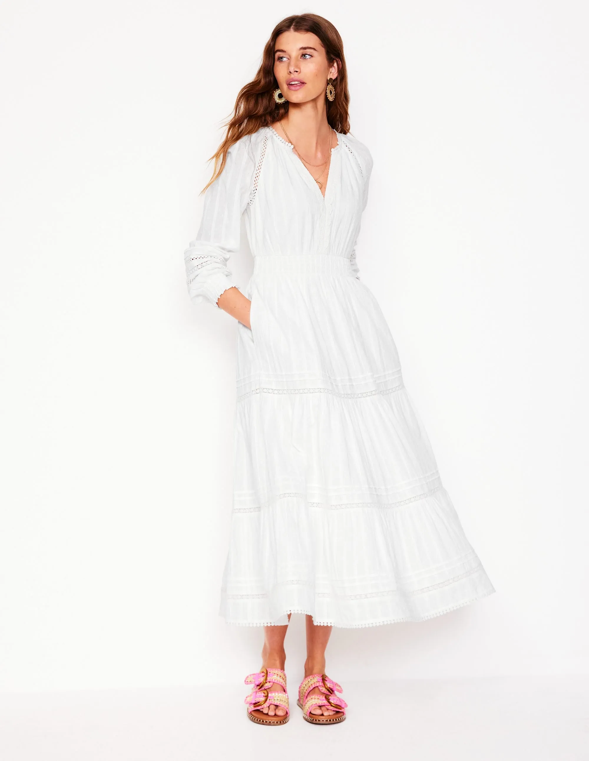 Ruffle Smocked Cotton Dress-White