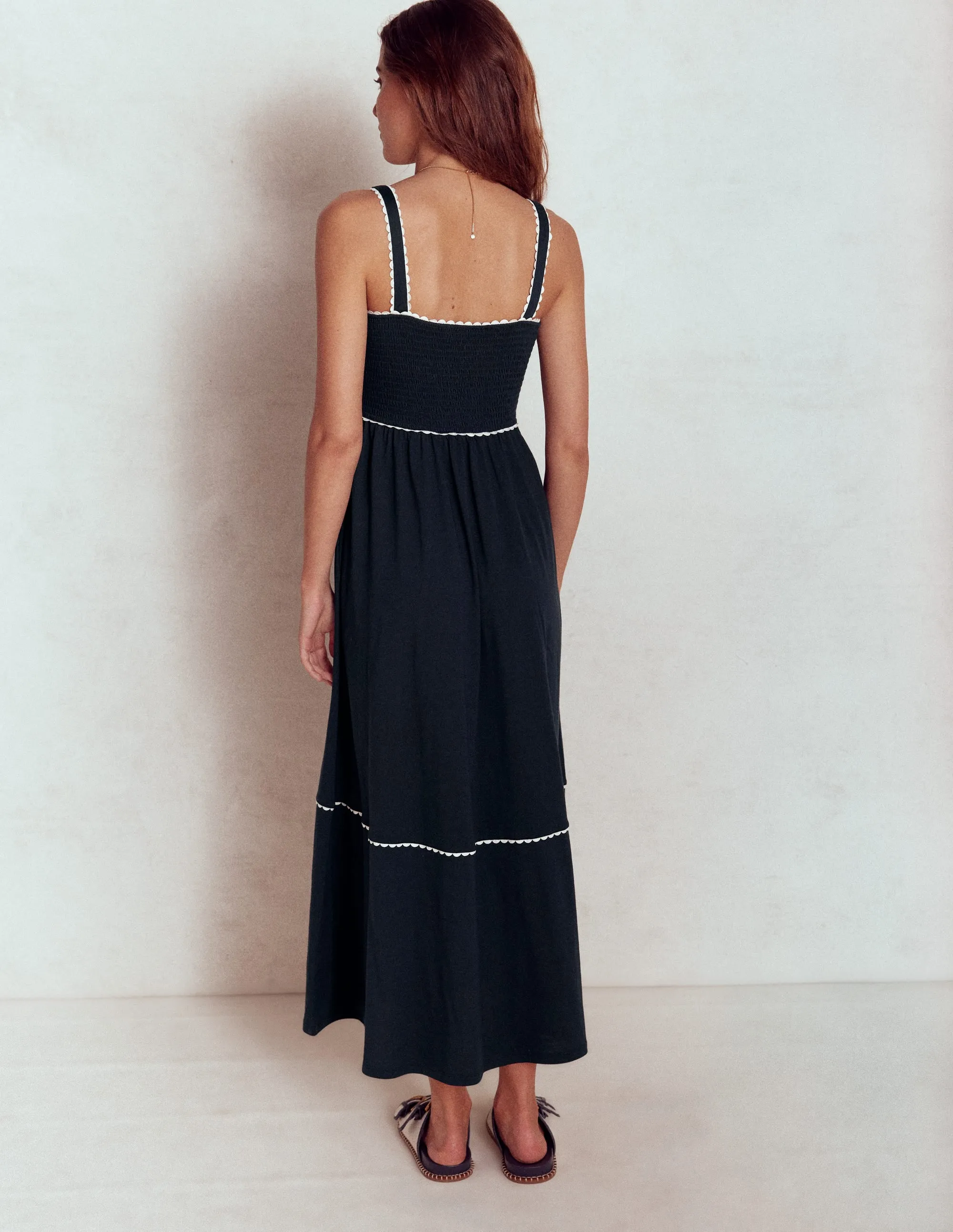 Smocked Trim Maxi Dress-Navy