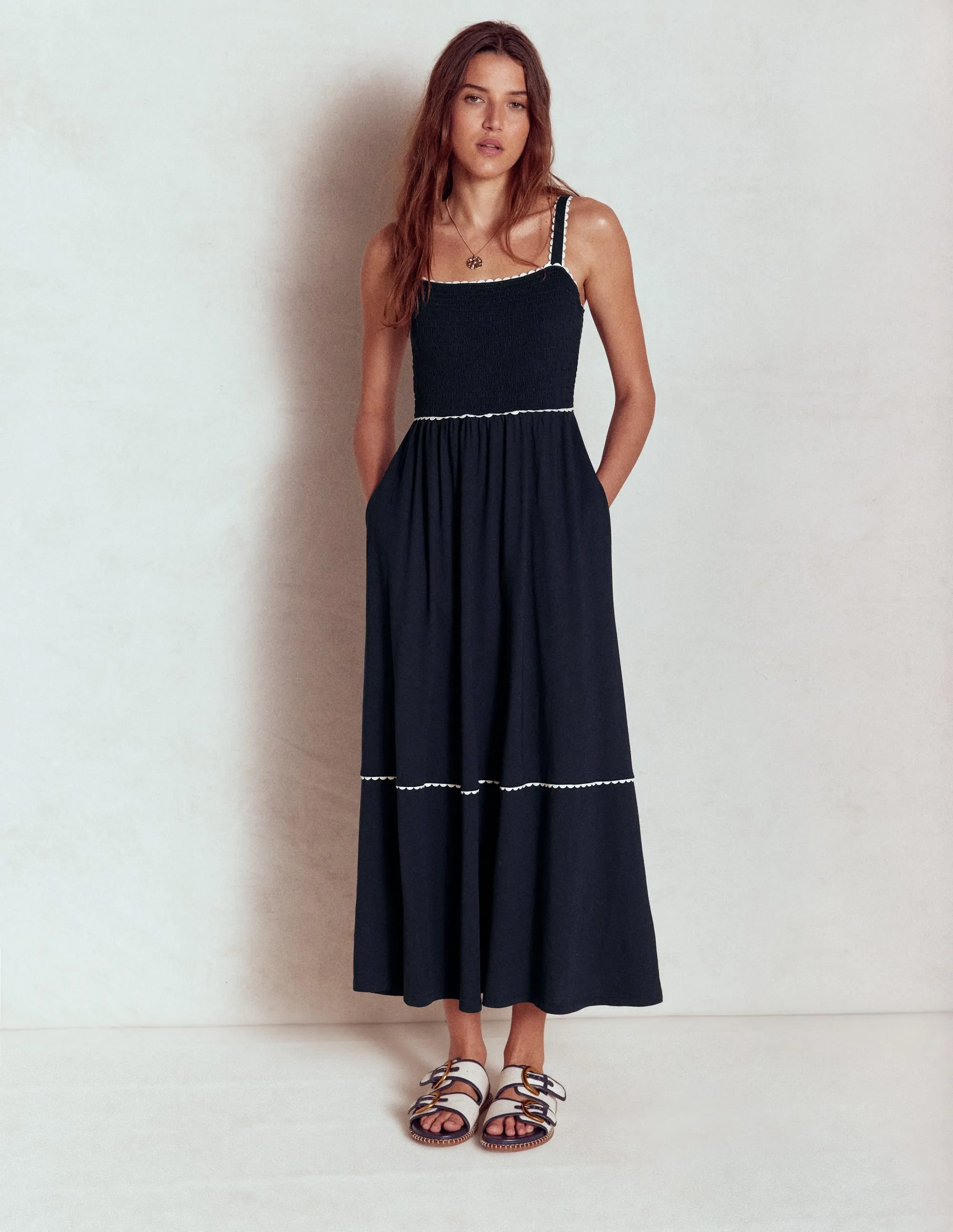 Smocked Trim Maxi Dress-Navy