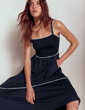 Smocked Trim Maxi Dress-Navy