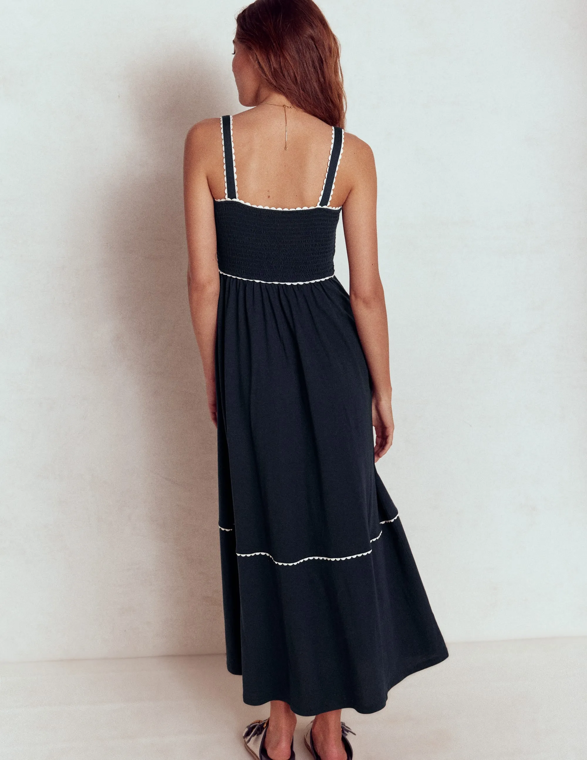 Smocked Trim Maxi Dress-Navy