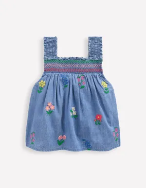 Smocked Woven Top-Chambray Cross Stitch Flowers