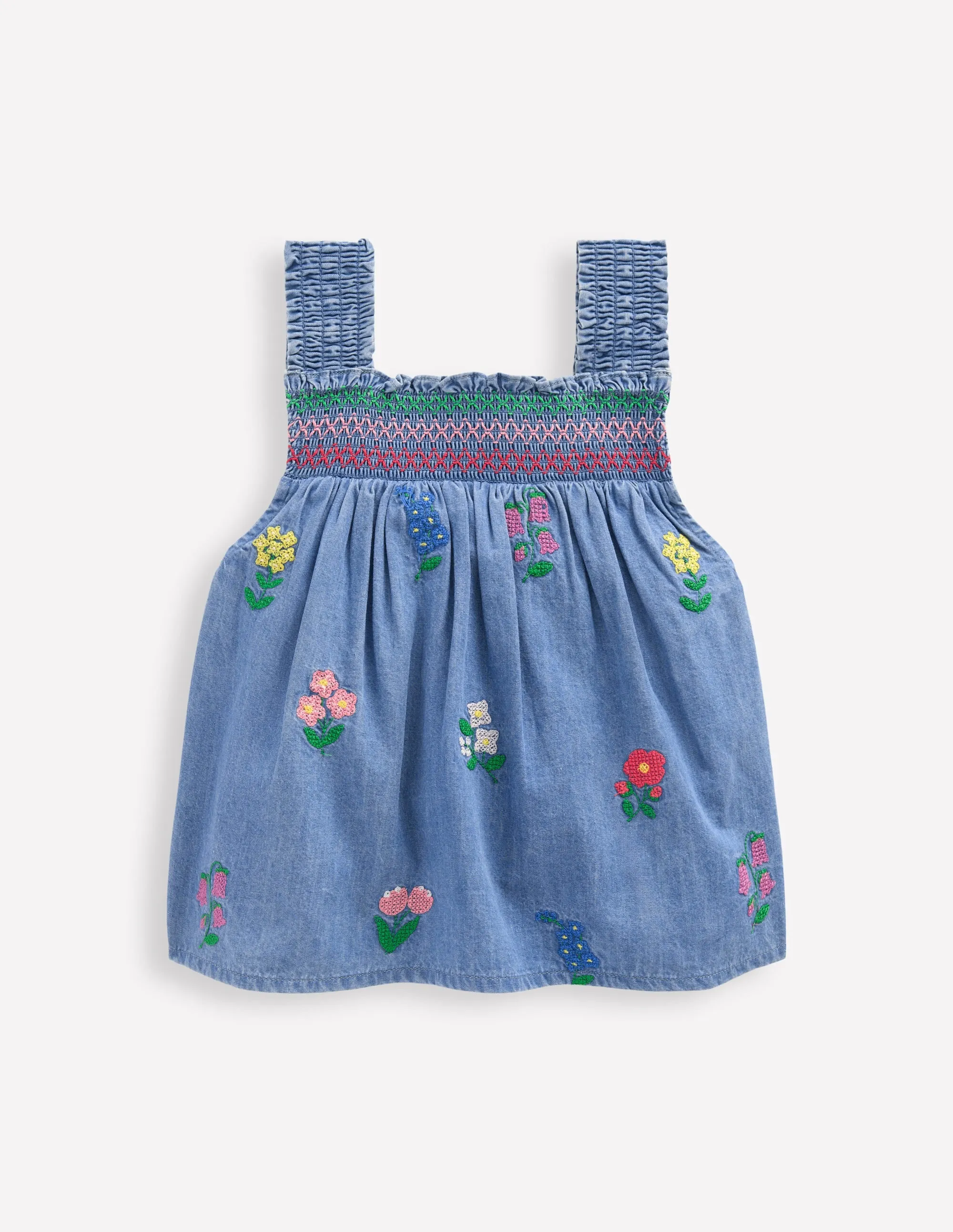 Smocked Woven Top-Chambray Cross Stitch Flowers