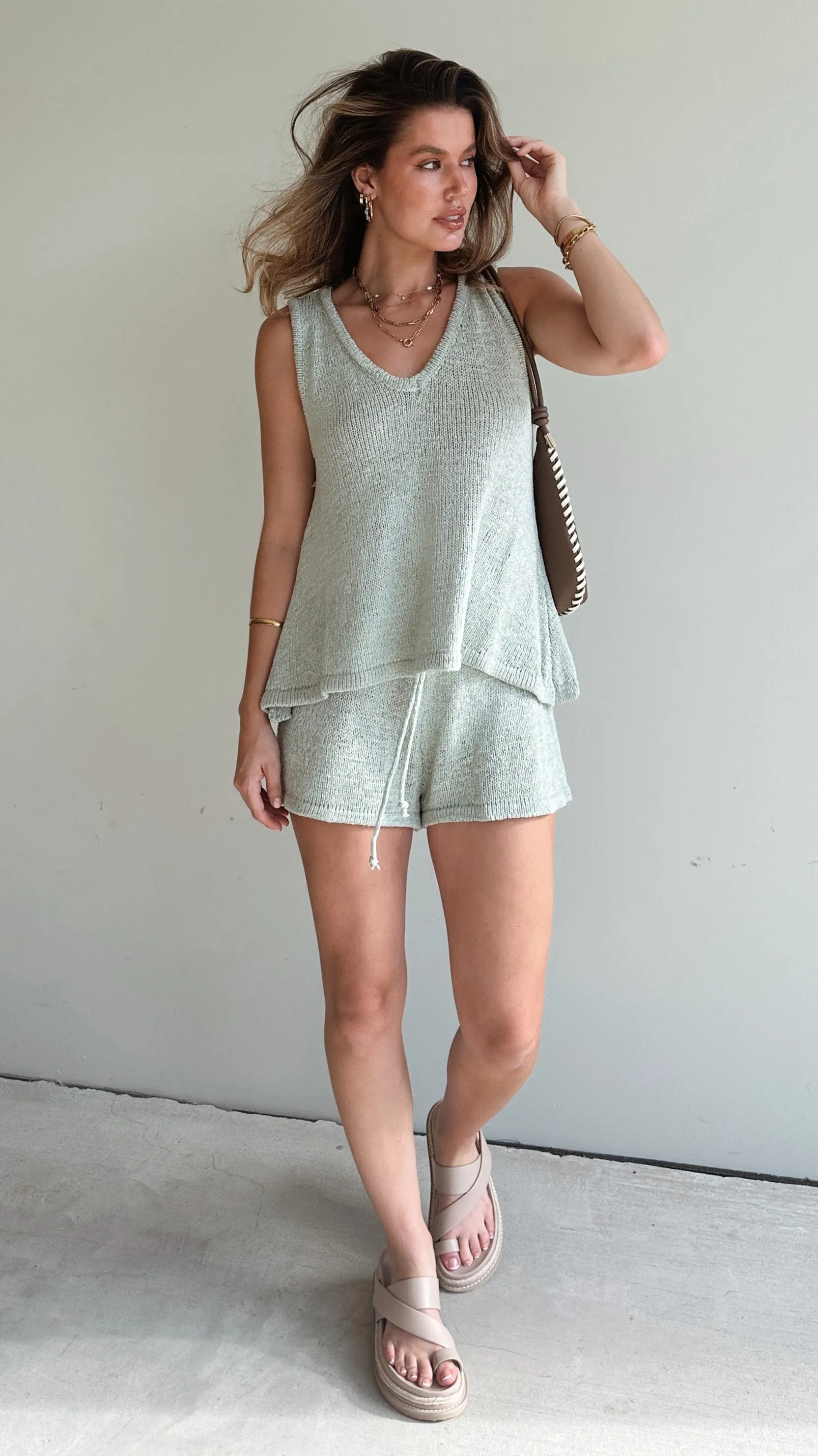 Summer Knit Top and Shorts Set - Sage