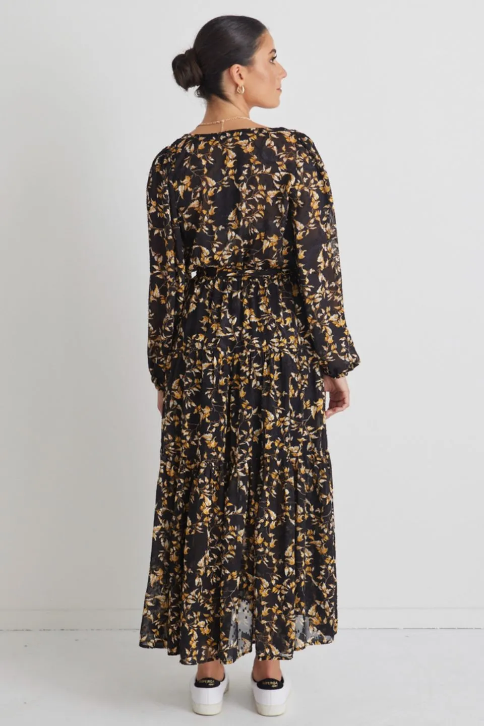 Twilight Large Gold Floral LS Tiered Maxi Dress