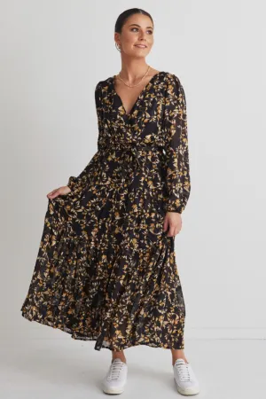 Twilight Large Gold Floral LS Tiered Maxi Dress